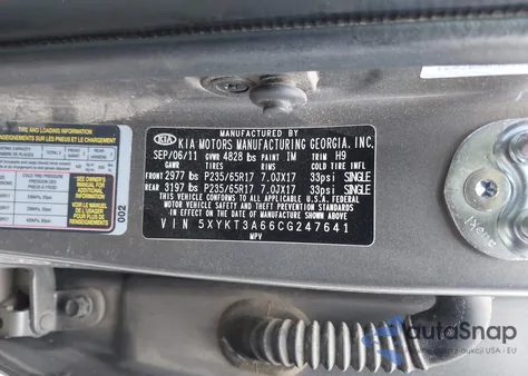 2012 Kia Sorento Lx z USA, uszkodzony, nr VIN 5XYKT3A66CG247641